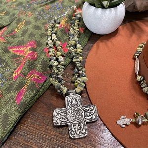 Silver boho cross green black moss green Jasper double strand necklace floral